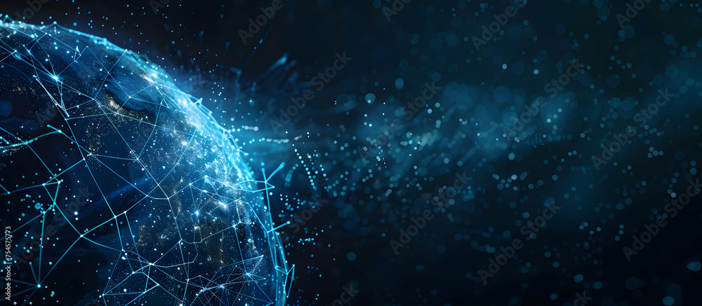 Abstract digital blue earth with global network connections, technology and internet concept background banner design for business, tech or cyber security in dark color background - obrazy, fototapety, plakaty 