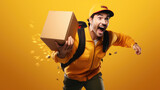 Cheerful courier in a yellow uniform and cap is energetically running to deliver a package, against an orange background