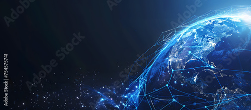 Abstract digital blue earth with global network connections  technology and internet concept background banner design for business  tech or cyber security in dark color background