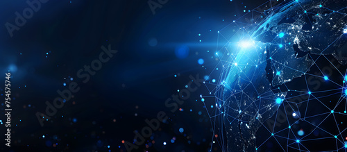 Abstract digital blue earth with global network connections, technology and internet concept background banner design for business, tech or cyber security in dark color background