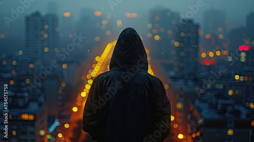 https stockadobecom vn video animation of a anonymous faceless man in a hood on the roof of a night city with blurry lights 