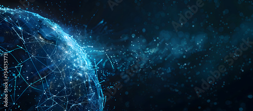 Abstract digital blue earth with global network connections, technology and internet concept background banner design for business, tech or cyber security in dark color background
