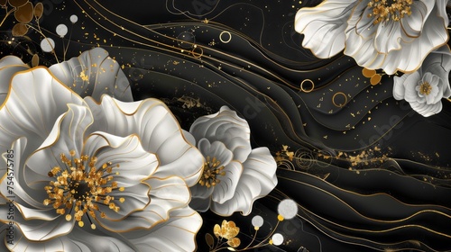 Abstract black and gold and white floral pattern background