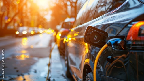 Car charging through cables is captured in selective focus, pointing to the growing infrastructure for electric vehicles