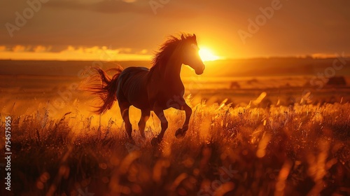 The golden hues of a setting sun illuminate a breathtaking scene as a majestic horse gallops through a picturesque field.