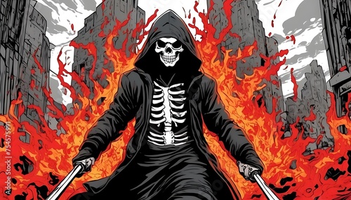 Skull and bones person, fully covered man with a black military bulletproof uniform, white ballistic waistcoat, black mask & white skull with swords in his hands on fiery burning cityscape background.