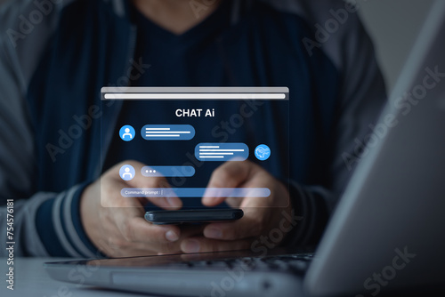 Chat with AI, Artificial Intelligence. Man using technology smart robot AI, artificial intelligence by enter command prompt for generates something, Futuristic AI technology digital transformation.