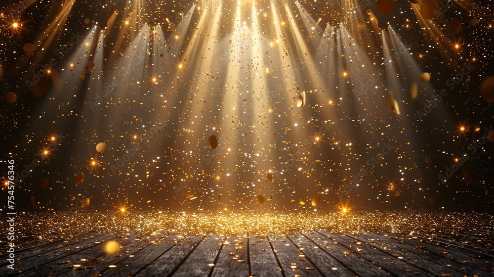 golden confetti shower cascading onto a festive stage illuminated by a central light beam mockup for events such as award ceremonies jubilees new year s parties or product presentations  - obrazy, fototapety, plakaty 