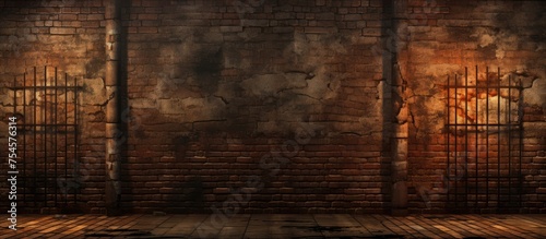 A dark room with a prominent old prison brick wall and a sturdy gate standing in the center. Light filters through the cracks in the bricks, casting shadows across the floor. photo