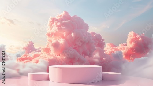 Pink Podium Stage Minimal Abstract Background: 3D Product Sky Platform Display Cloud Pastel Scene Render Stand
 photo