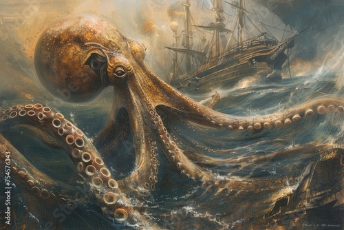 A surrealistic painting of a colossal squid lurking in the depths, its massive tentacles coiled around a sunken shipwreck in a scene of eerie beauty