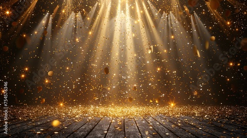 golden confetti shower cascading onto a festive stage illuminated by a central light beam mockup for events such as award ceremonies jubilees new year s parties or product presentations 