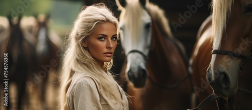 A blonde horse trainer is standing next to a group of horses on a farm, overseeing their care and training. The woman is wearing typical equestrian attire and appears focused on her duties. © TheWaterMeloonProjec