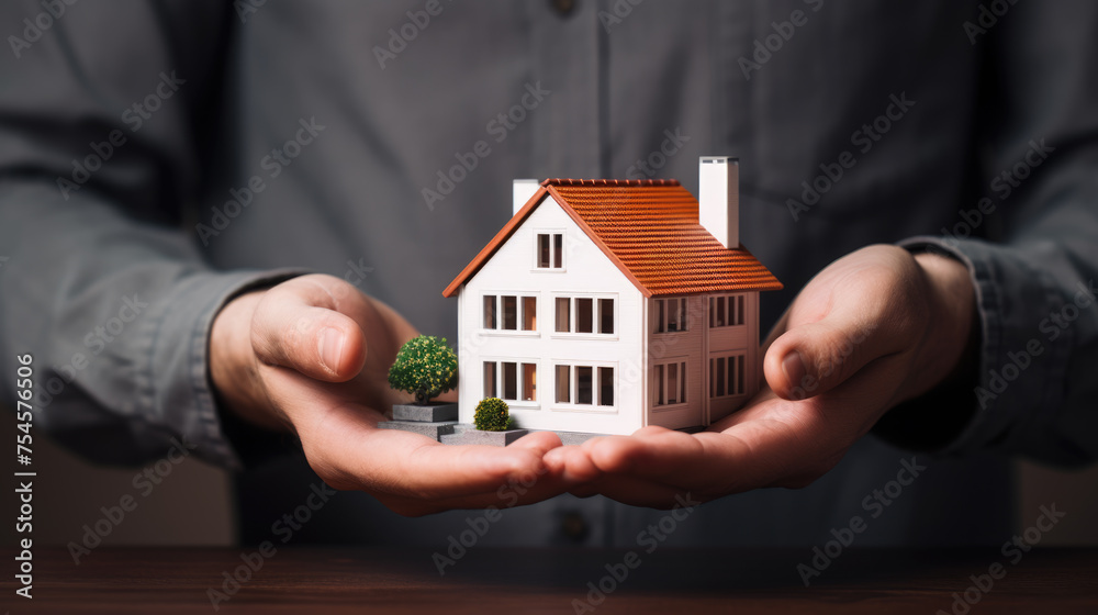 Person carefully holding a small, detailed model of a residential house in hands Person carefully holding a small, detailed model of a residential house in hands