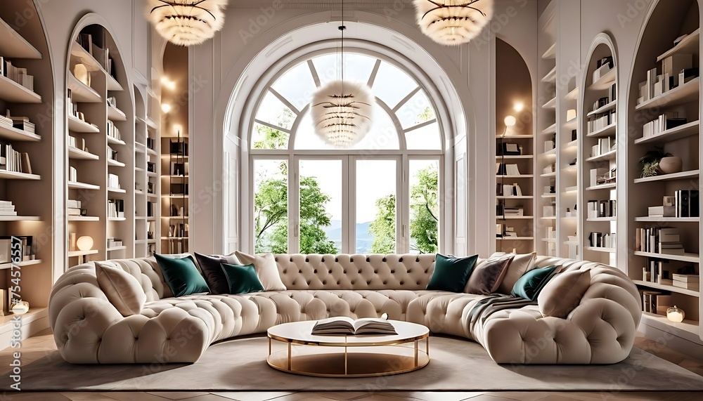 Tufted curved sofa against arched window Bookcase and fluffy fur pendant lamps Minimalist luxury home interior design of modern living room. Home interior design. Modern living room with sofa. - obrazy, fototapety, plakaty 