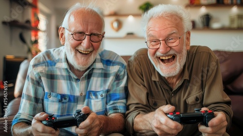 Two Happy Retired Old Men Playing Video Games Holding Gamepads, Elder People Playing Videogames Concept Image Background photo