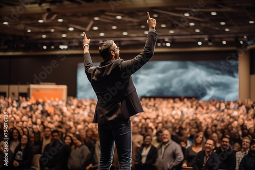 Dynamic male speaker with raised hands captivates the crowd at a professional seminar