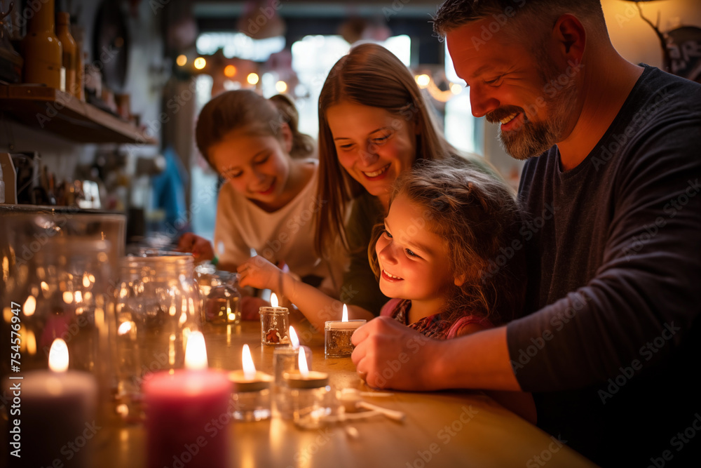 Warm, cozy scene of a happy family enjoying dinner by candlelight at home