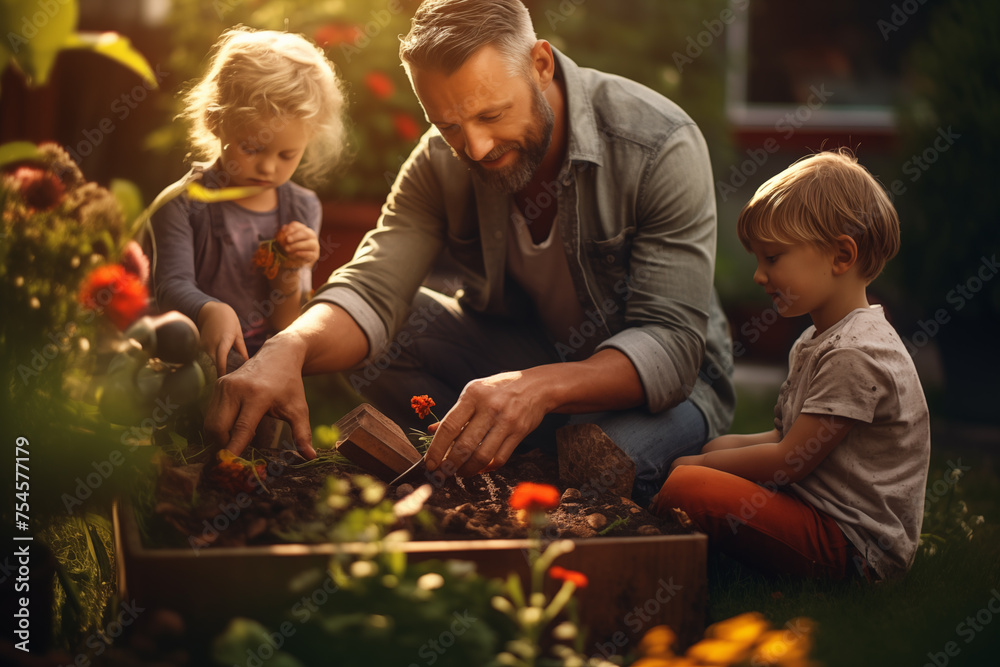Father plants flowers with his children in the garden during sunset