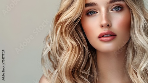 Close-Up Portrait of a Charming Caucasian Young Woman with Perfect Makeup and Long Wavy Dyed Hair, Embodying Beauty and Diversity