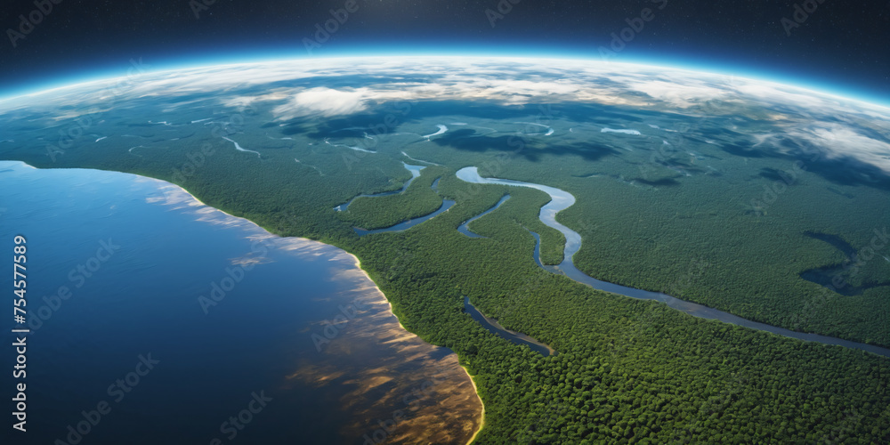 Realistic Earth From Space Close Up Atmosphere Amazon Rain Forests Rivers Clouds and Ocean