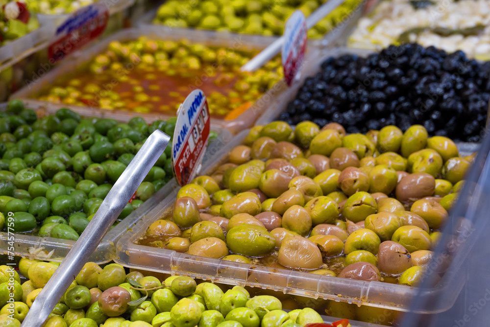 Bowls of olives for sale in the market
