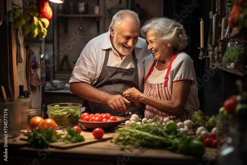 Joyful elderly couple preparing a meal together with fresh vegetables in a cozy kitchen