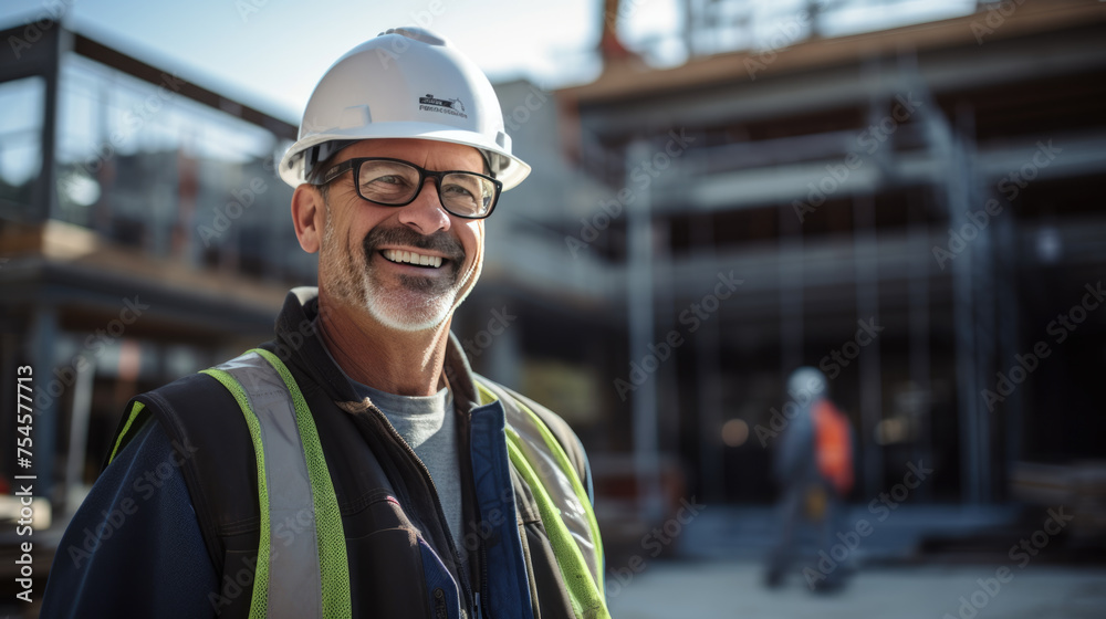 Smiling construction worker, wearing a hard hat,and a reflective vest, stands confidently at a construction site. Smiling construction worker, wearing a hard hat,and a reflective vest, stands confidently at a construction site.