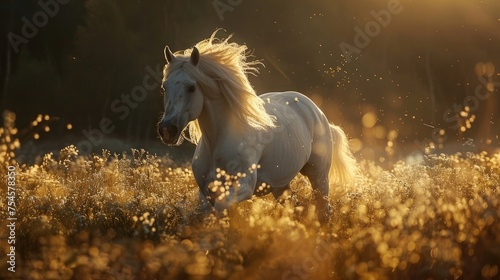 A stunning white horse gallops through a field illuminated by the warm glow of a golden sunset. © Hip
