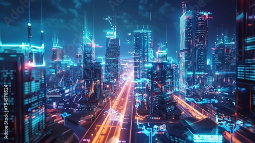 Depict a futuristic cityscape where digital technologies are seamlessly integrated into every aspect of life  from smart buildings and self-driving cars to drones delivering goods.