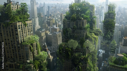 Depict a cityscape overtaken by nature, with skyscrapers covered in vines, trees growing through streets, and wildlife roaming freely.