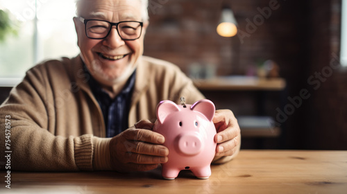 Joyful elderly man holding a pink piggybank, symbolizing financial security and the importance of savings, especially for retirement.