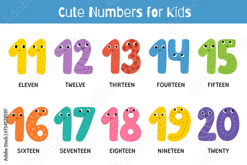 Cute numbers 11-20 educational set for kids. Funny smiling number characters collection. Poster in cartoon style for school and preschool. Vector illustration