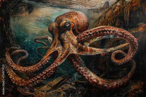 A surrealistic painting of a colossal squid lurking in the depths, its massive tentacles coiled around a sunken shipwreck in a scene of eerie beauty