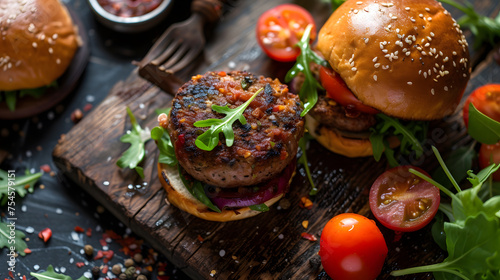 Wallpaper Mural vegetarian burger with rocket salad and tomatoes, generative ai Torontodigital.ca