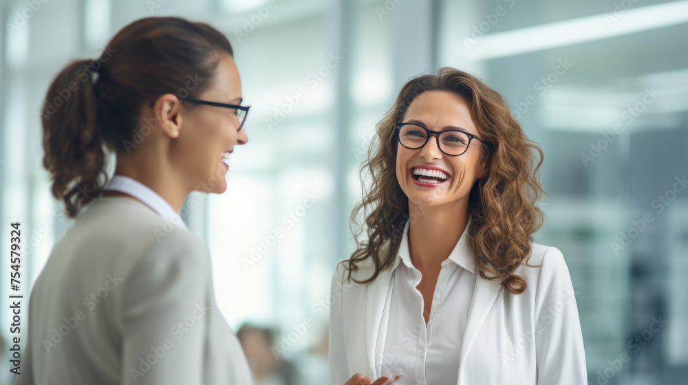 Businesswoman engaged in a meeting with smiles and a sense of collaboration against office background Businesswoman engaged in a meeting with smiles and a sense of collaboration against office background