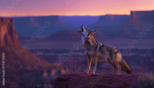 Atop a desert cliff, a coyote howls into the twilight sky, shades of purple and pink by the setting sun