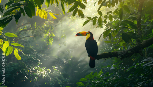 A colorful toucan sits on a branch surrounded by the lush greenery of a misty rainforest