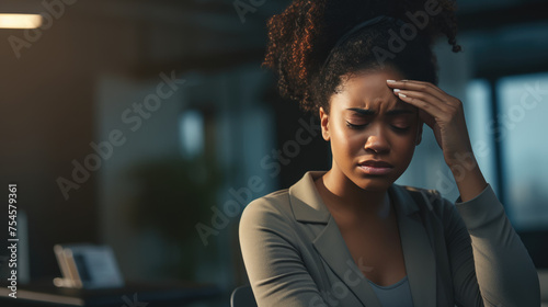Stressed woman, sitting at an office desk, holding her head in her hands