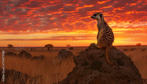 A meerkat stands atop a termite mound as the sky blazes with orange and red hues of the setting sun in the savannah