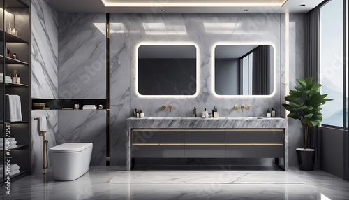 Sleek grey marble bathroom design with LED lighting, double vanity, and freestanding tub. Generative AI