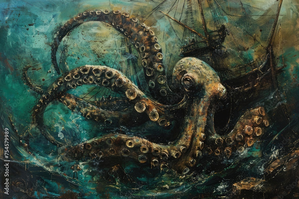 A surrealistic painting of a colossal squid lurking in the depths, its massive tentacles coiled around a sunken shipwreck in a scene of eerie beauty A surrealistic painting of a colossal squid lurking in the depths, its massive tentacles coiled around a sunken shipwreck in a scene of eerie beauty