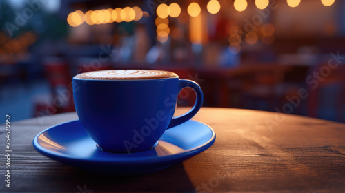 Close-up of a blue ceramic cup on a saucer with a beautifully crafted latte art design on top  resting on a rustic wooden table  illuminated by warm  ambient lighting.