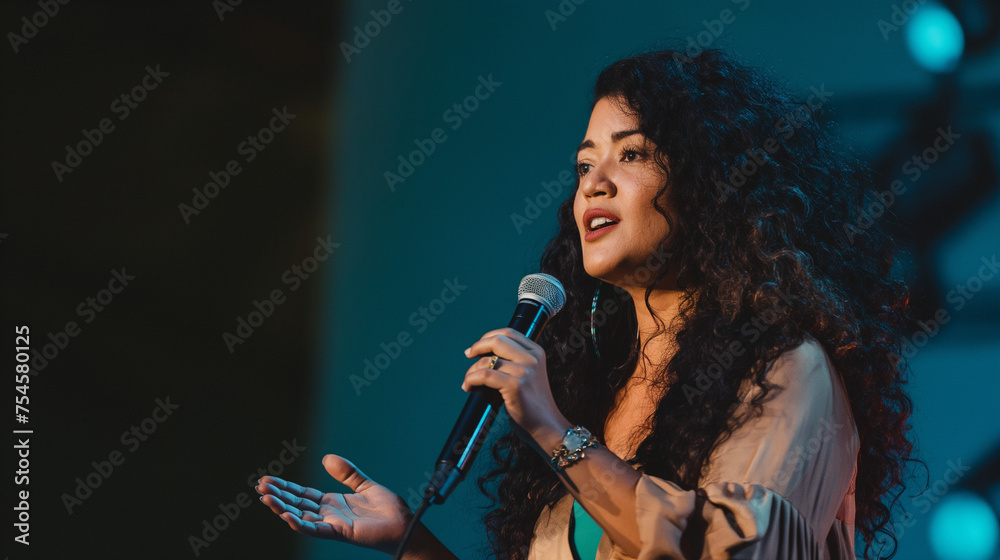 Woman with thick curly hair stands on the stage as a speaker, ai generative