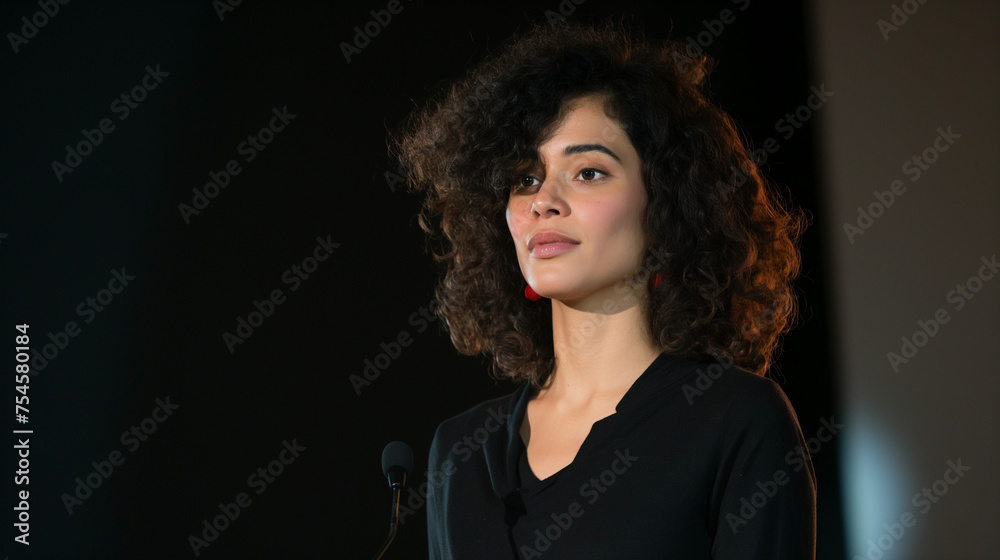 Fototapeta premium Woman with thick curly hair stands on the stage as a speaker, ai generative