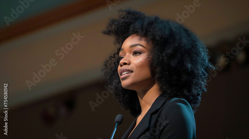 Woman with thick curly hair stands on the stage as a speaker, ai generative © Iva