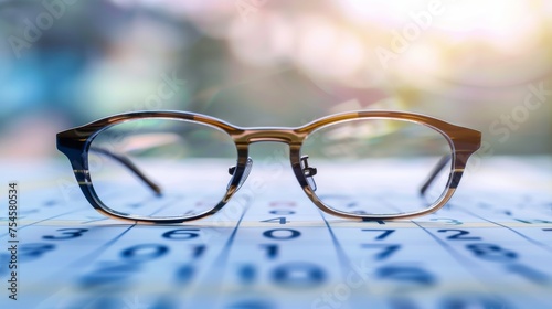 Close-up view of eye test glasses lying on a Snellen chart