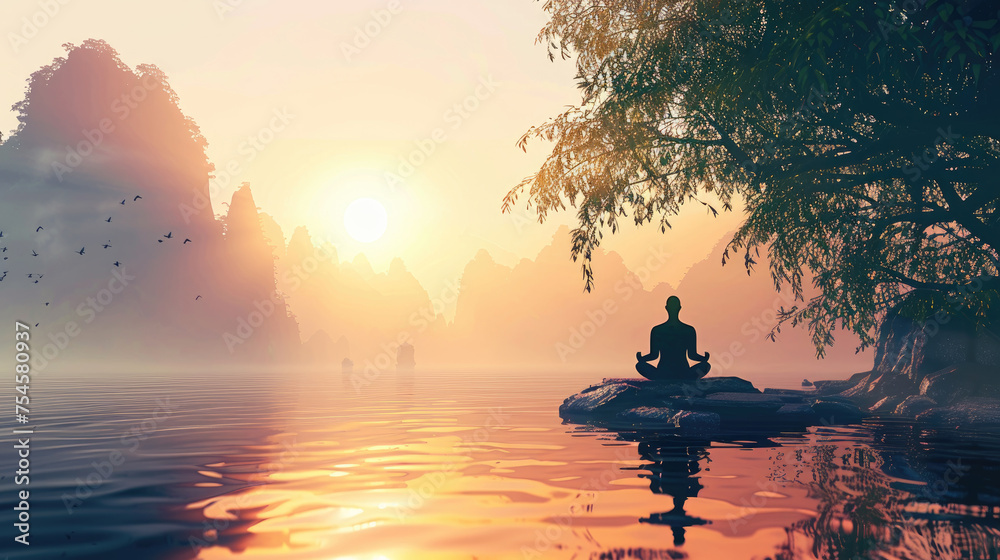 A person is seated on a large rock in the center of a body of water, surrounded by calm waves and a vast expanse of blue water A person is seated on a large rock in the center of a body of water, surrounded by calm waves and a vast expanse of blue water