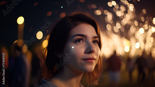 Young woman mesmerized by the fireworks display in the city at midnight