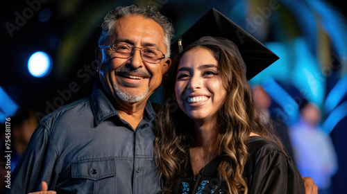 A beaming father embraces his daughter, who is wearing her cap and gown, celebrating her graduation during an evening event photo